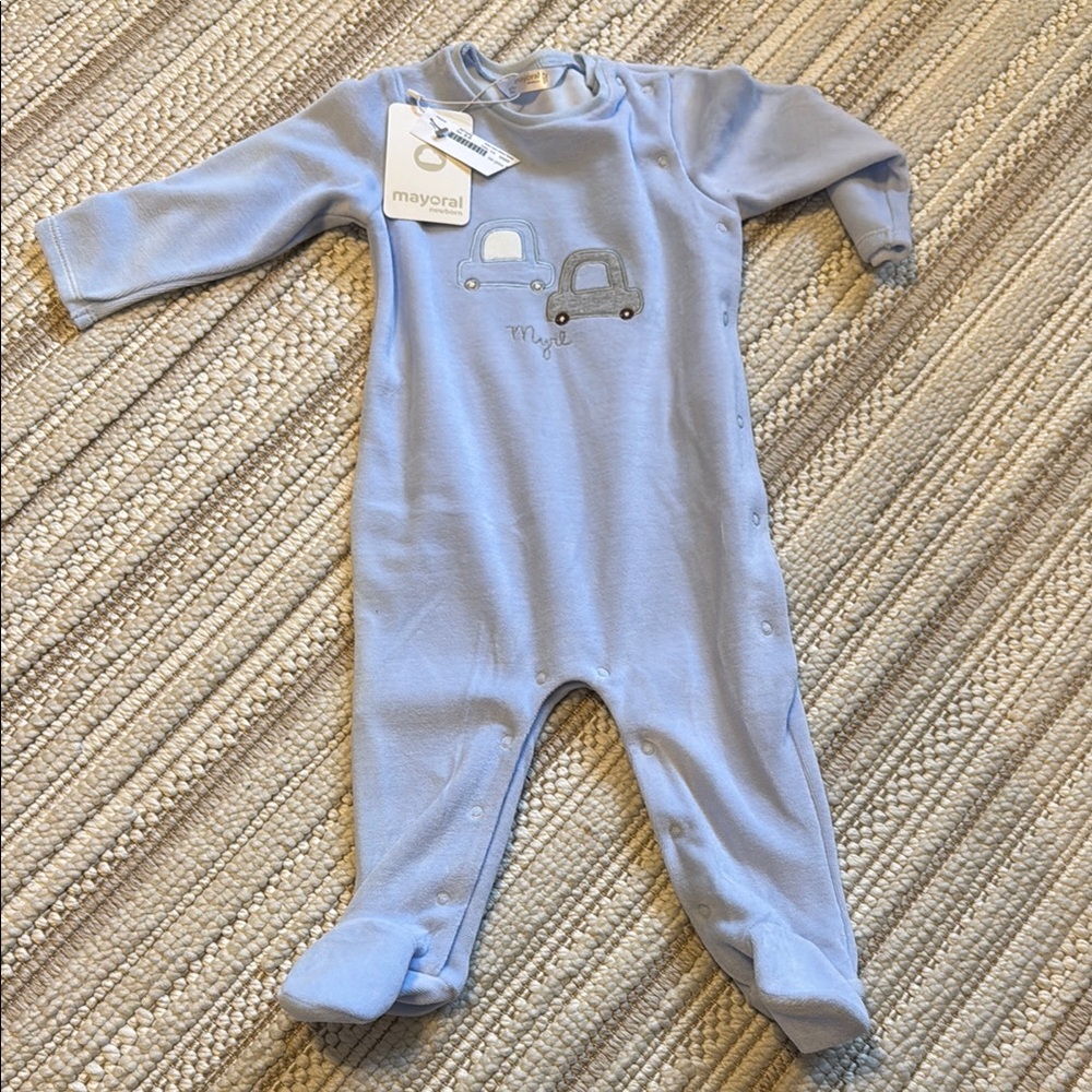 Mayoral Blue baby 6-9 One Piece footie pajamas with cars. New with tags